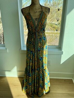 Bohemian Floral V-Neck Maxi Dress in Mustard and Teal